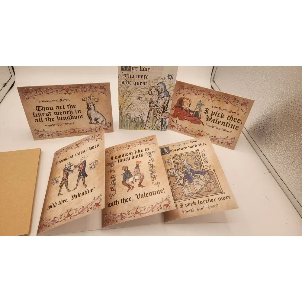 Set of 6 Medieval Valentine Greeting Cards Funny Renaissance Humor w/ Envelopes